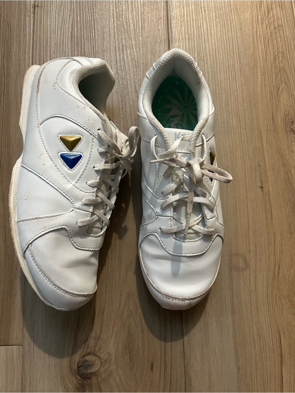 White Women's Sneakers with Blue & Gold Accents